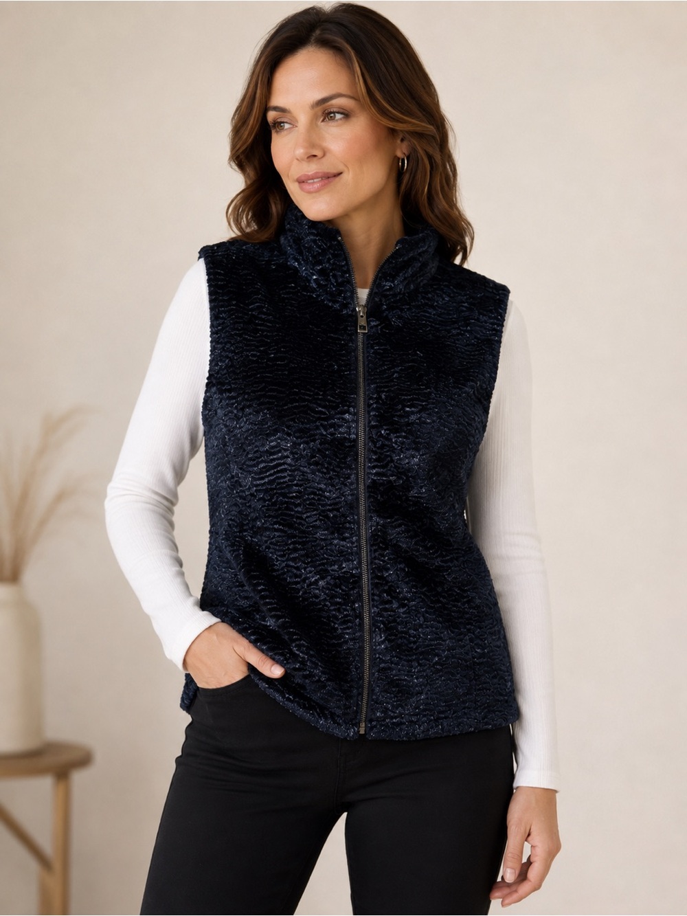 Chico’s Navy Textured Zip-Front Vest – Size M
